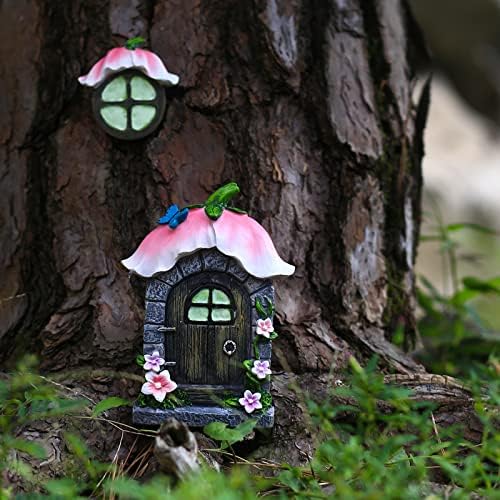 Fairy Gnome Home for Tree Decor，Glow in Dark Fairy House Have Window and Door for Garden Decoration，Fairies Sleeping Door and Windows, Yard Art Garden Sculpture, Lawn Ornament