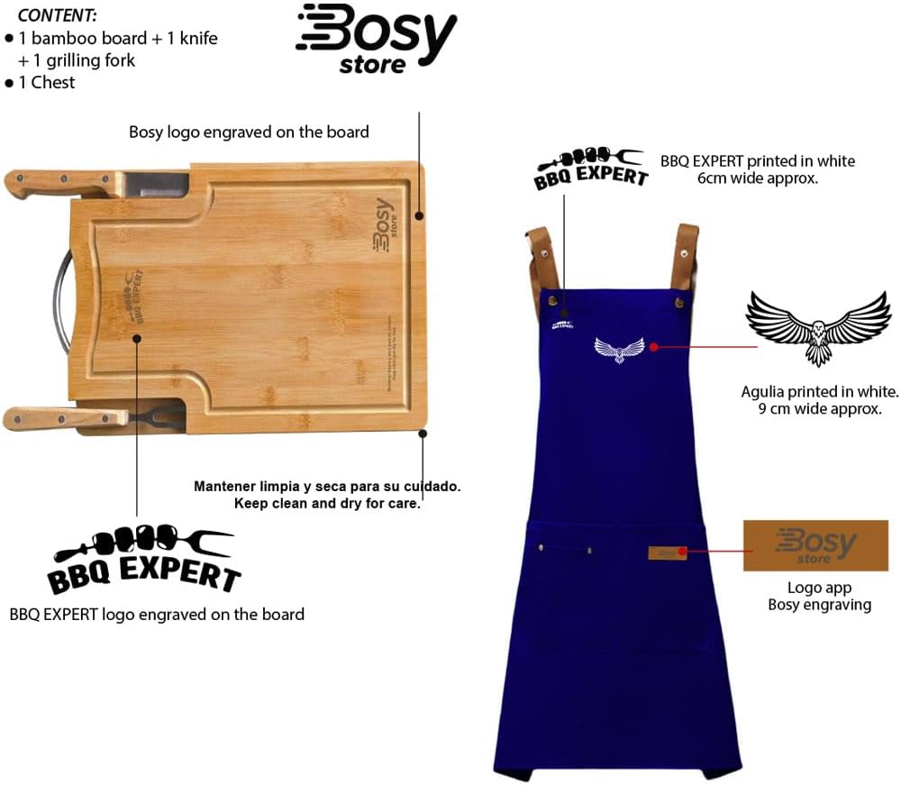 Premium BBQ Accessories & Grill Set with Bamboo Cutting Board, Adjustable Apron, Stainless Steel Knife & Fork.