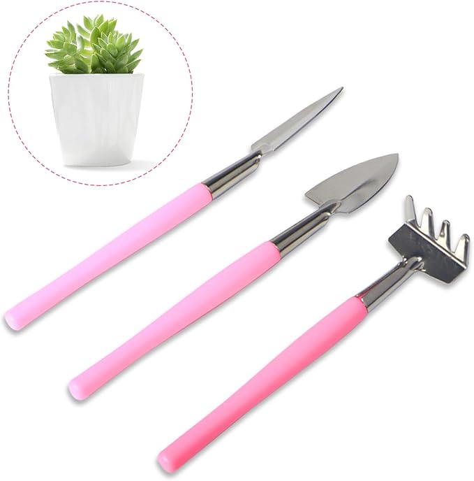 Mini Gardening Tools, 3Pcs Stainless Succulent Tools Kit Shovel Rake Trowel, 2 Colors Hand Shovel for Gardening for Indoor Small Plants, Succulents, Potted Plants, Bonsai (Blue)
