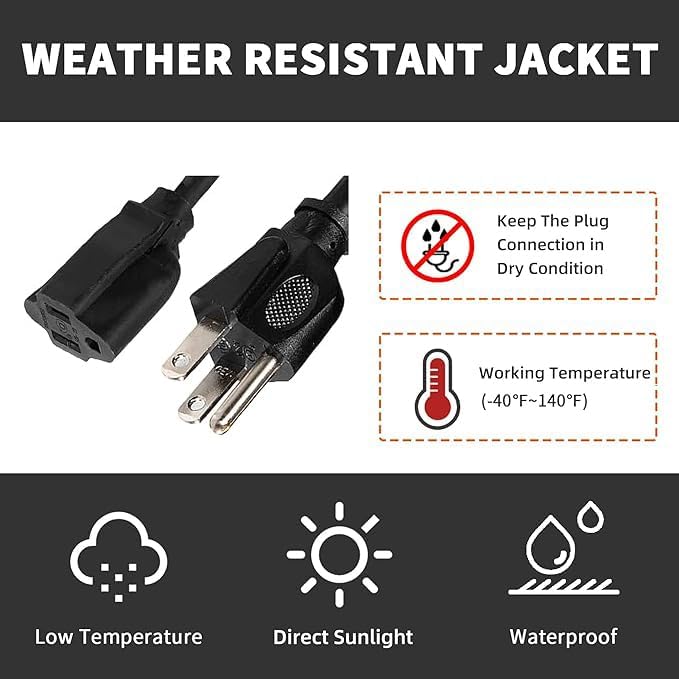 Indoor Outdoor Extension Cord Weatherproof, UL Certified, 12 Gauge 8FT Black 3 - Image 6