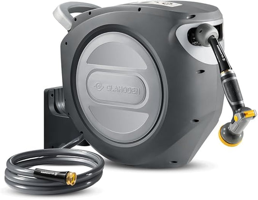 Retractable Garden Hose Reel 5/8 in x 100 ft Metal Bracket, 2025 Upgraded Dual Ratchet Lock UV & Freeze Protection Brass Seal Slow Retraction Anti-Tangle Hose 180°Swivel