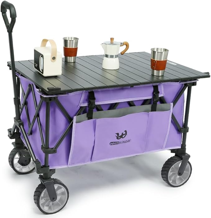 Whitsunday Folding Collapsible Utility Wagon, 400Lbs Heavy Duty Outdoor Park Beach Wagon with Table and Side Pocket for Garden Camping Sports Shopping Purple