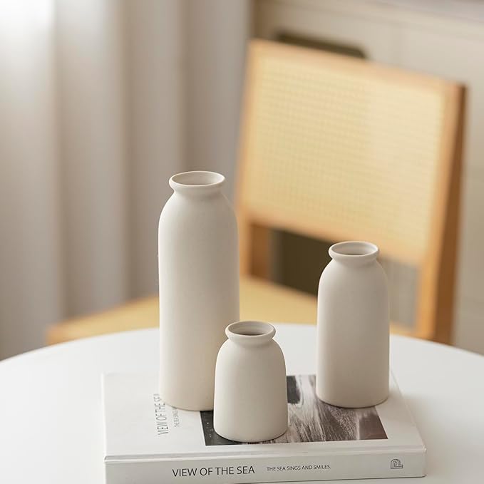 Ceramic Vase Set-3, Small Flower Vases for Decor, Modern Boho Farmhouse Style, Decorative Vases for Pampas Grass & Dried Flowers, Distressed Finish (Beige)