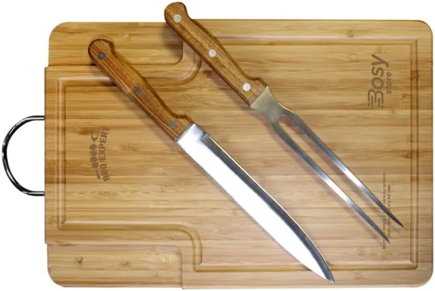 Premium BBQ Accessories & Grill Set with Bamboo Cutting Board, Adjustable Apron, Stainless Steel Knife & Fork.