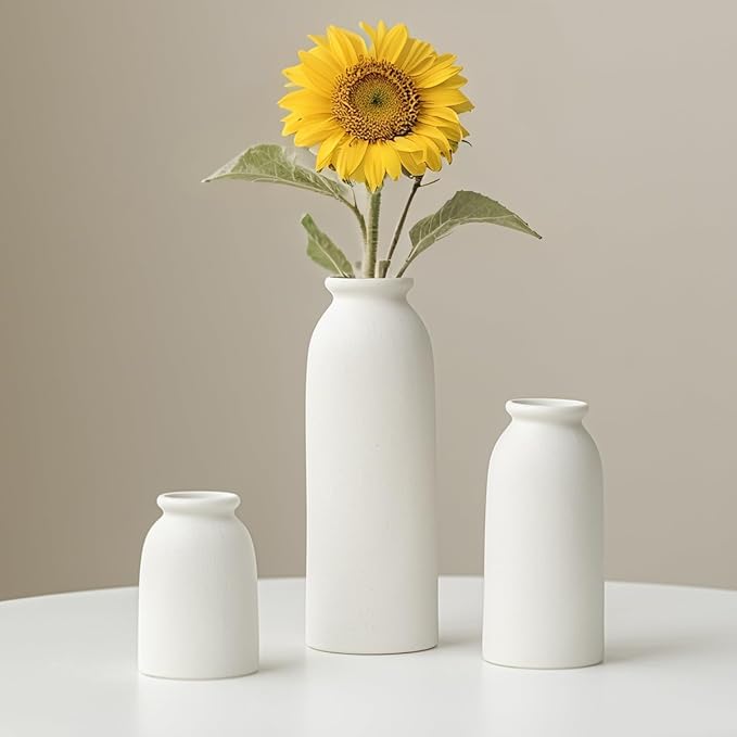Ceramic Vase Set-3, Small Flower Vases for Decor, Modern Boho Farmhouse Style, Decorative Shelf Vases for Pampas Grass & Dried Flowers, Distressed Finish (White)