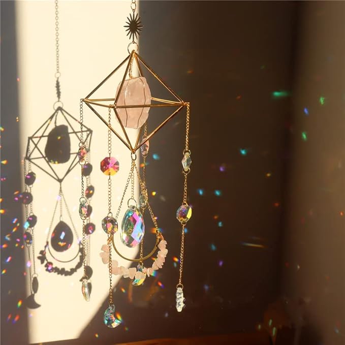 Crystal Suncatcher Rose Quartz, Spiritual, Sun Catcher Hanging for Windows, Rainbow Maker, Crystal Indoor Garden Home Decor, Natural Gemstone Boho Decor (Rose Quartz)
