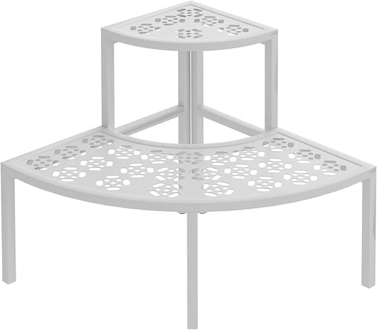 aboxoo 2 Tier Plant Stand Flower Pot Rack for Patio,Heavy Duty Metal Stair-Step Style Corner Shelf Planters, Quarter Round Display Holder for Indoor Outdoor Use(White, Semicircle)