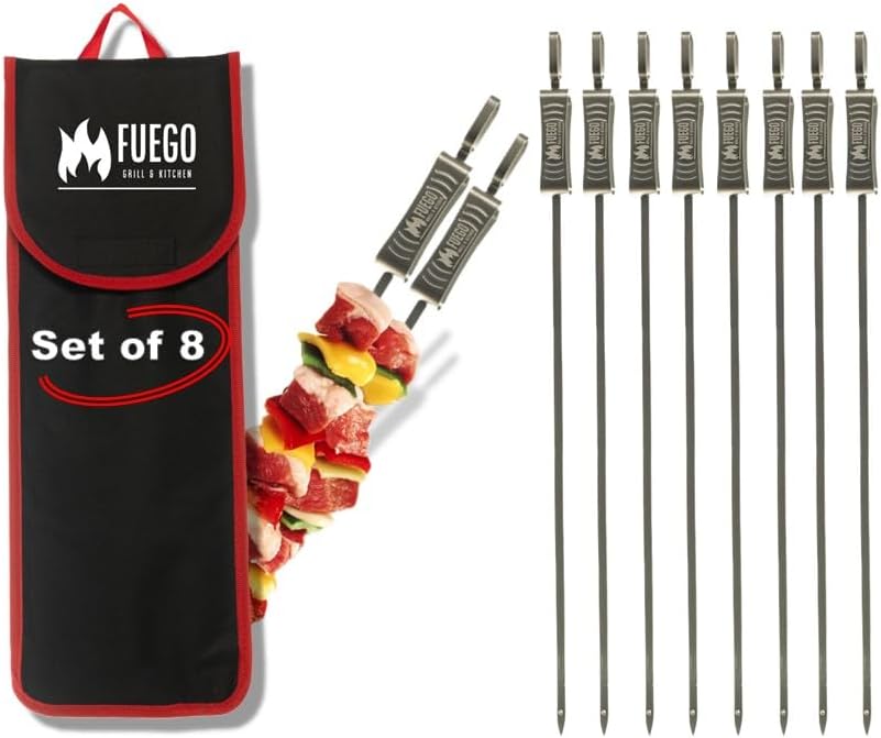 Fuego Skewers for Grilling - 17" Stainless Steel Flat Blade with Push Slider | Reusable & Dishwasher Safe | BBQ Skewers and Shish Kabob | Set of 8