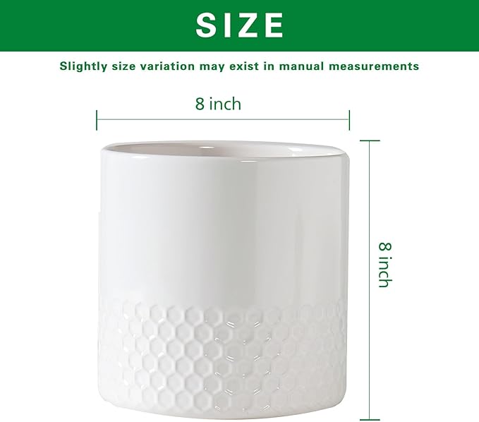 Docrin Ceramic Planters Indoor, 8 Inch Plant Pots with Drainage Holes for Home/Office - White Honeycomb