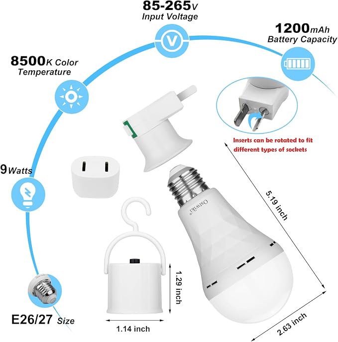Ostwiki Rechargeable Light Bulbs, 1200mAh Led Battery Backup Bulb - Image 2