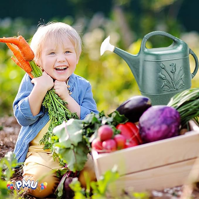 PMU 2 Gallon Watering Can - Garden Watering Can for Indoor & Outdoor Plants - Plastic Water Can with Detachable Sprinkler Head - Large Water Pot, Made in USA - Hunter Green Pkg/6