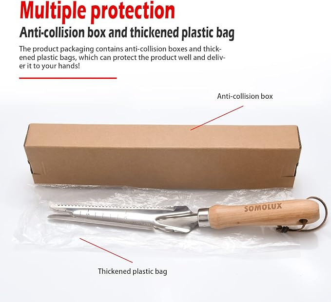 SOMOLUX Multifunctional Garden Tool Stainless Steel Shovel Hand Weeder with Wood Handle Soil Knife Tool for Planting Weeding Digging Transplanting Cutting Measuring
