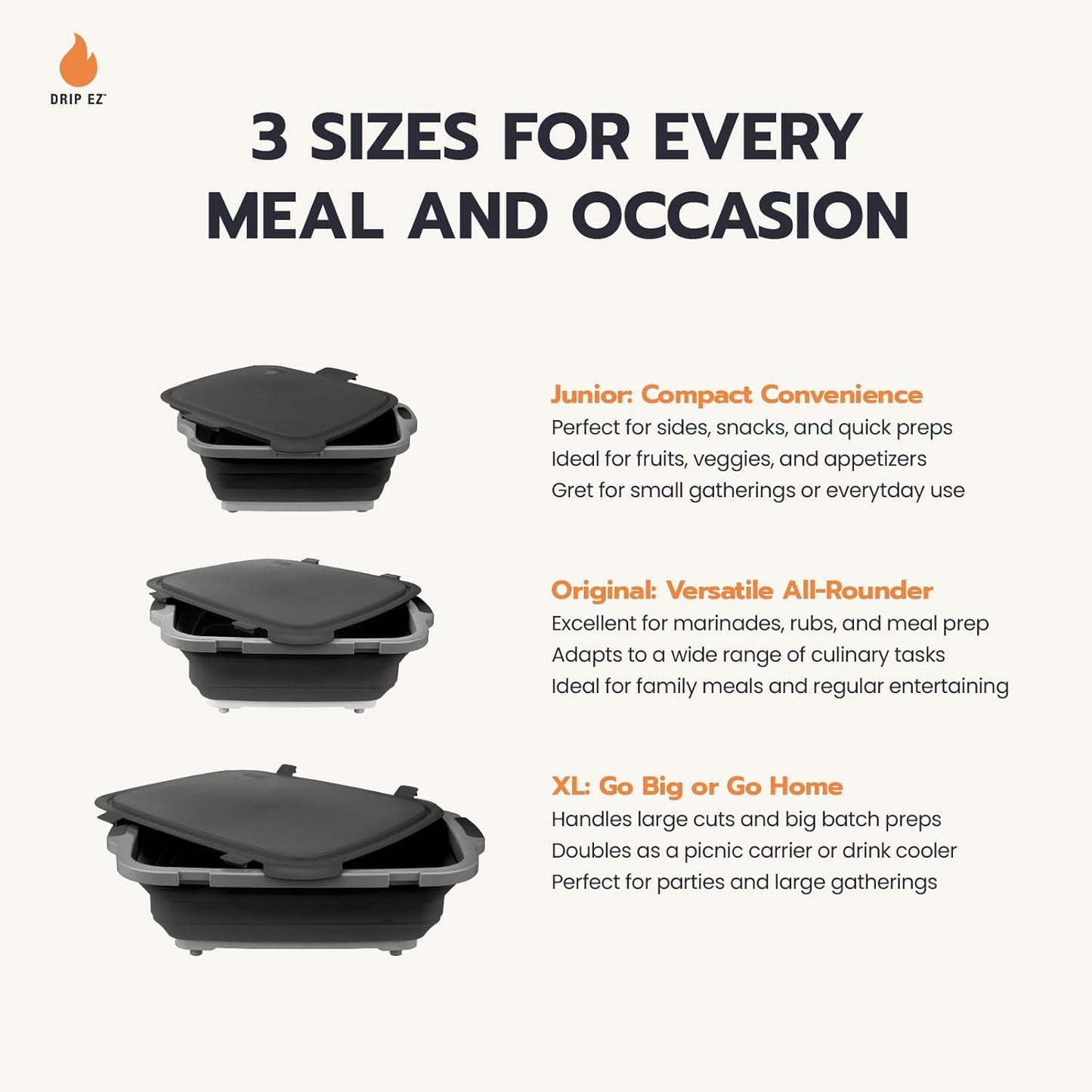 Drip EZ Collapsible BBQ Prep Tubs 3-Piece Set- For Meal Prep Marinating Food Storage - Includes Cutting Board & Lid - (1) JR + (1) OG + (1) XL - Black
