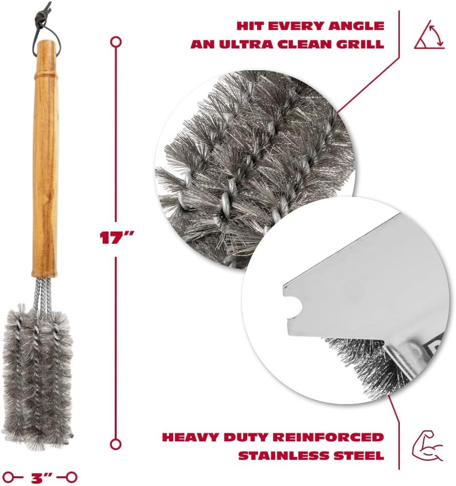 BBQ-AID All Angles BBQ Grill Brush for Outdoor Grill – Cleans All Angles, Large Wooden Handle, and Stainless Steel Bristles - BBQ Brush for Grill Cleaning – Grill Cleaner Brush Safe for BBQ and Grill