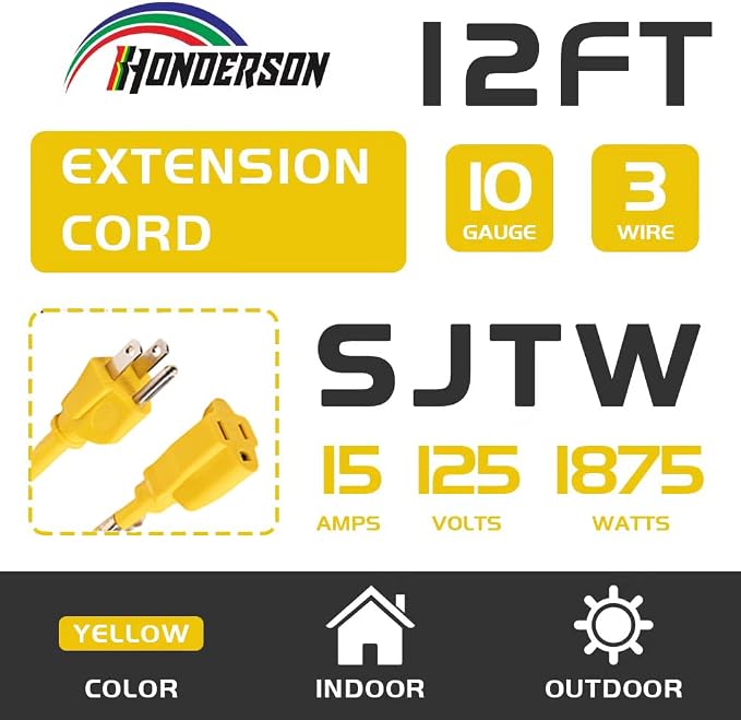Indoor Outdoor Extension Cord Weatherproof, UL Certified, 10 Gauge 12FT Yellow - Image 2