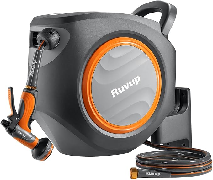 Ruvup Retractable Garden Hose Reel,1/2in x 150ft Water Hose Reel with Metal Bracket, UV Resistant Automatic Hose Reel Wall Mount for Outside, Slow Retraction Any Length Lock 10 Spray Nozzle