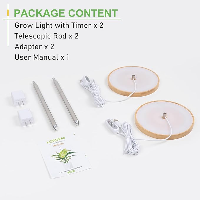 LORDEM Bamboo Grow Light for Indoor Plants, Full Spectrum LED Plant Grow Light, Height Adjustable Growing Lamp with Auto Timer 4H/8H/12H, 4 Dimmable Levels, Ideal for Large Tall Plants, 2 Pack