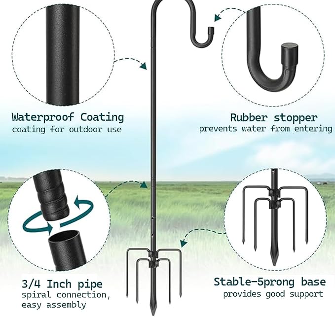 CMASTER Shepherd Hook for Outdoor, 1 Pack 61 Inch Bird Feeder Pole with 5 Prong Base Heavy Duty Adjustable Garden Hook for Hanging Plant, Hummingbird Feeder, Lantern(61 Inch)