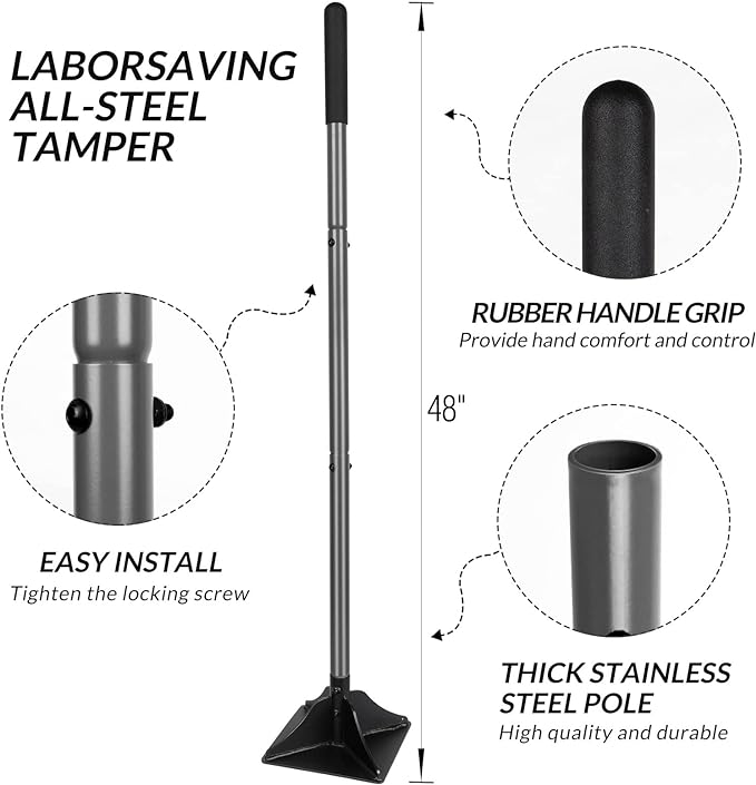 Walensee Steel Tamper with 48 inch Handle 8"x8" Garden Rubber Grip for Laborsaving All-Steel Heavy Duty Ideal Tool Leveling Ground Installing pavers and Repairing Blacktop