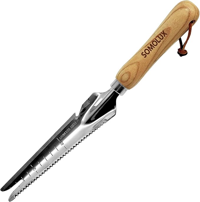 SOMOLUX Multifunctional Garden Tool Stainless Steel Shovel Hand Weeder with Wood Handle Soil Knife Tool for Planting Weeding Digging Transplanting Cutting Measuring