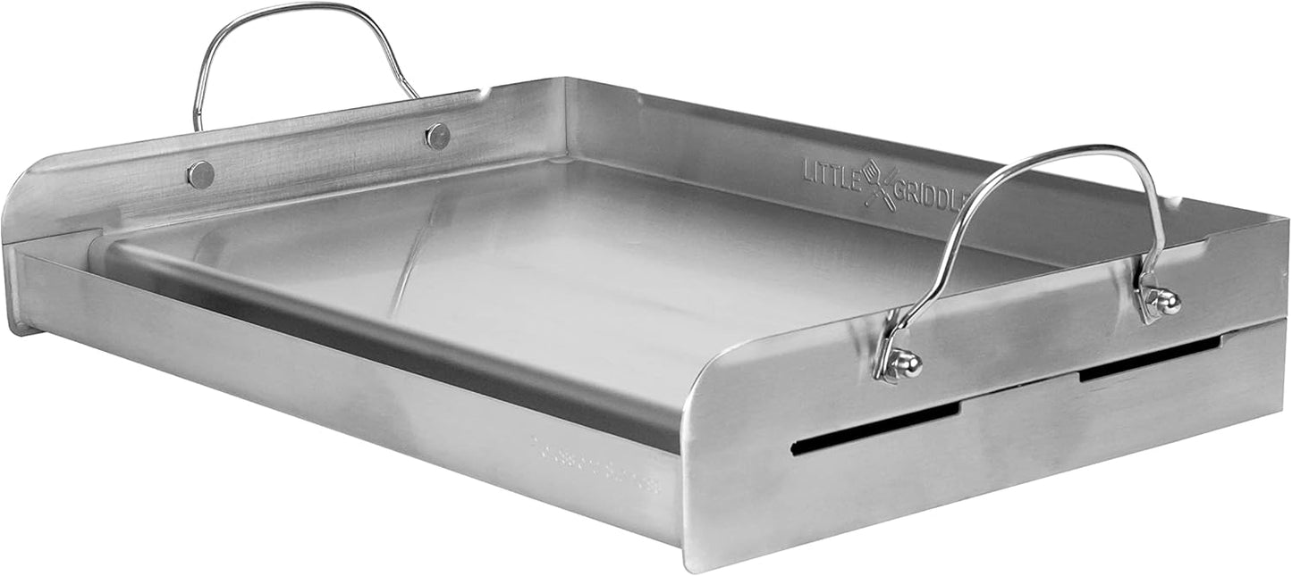 LITTLE GRIDDLE 100% Stainless Steel Griddle with Even Heat Cross Bracing and Removable Handles - For Grills, Camping, Tailgating, Silver, 25" x 16" x 6.5"