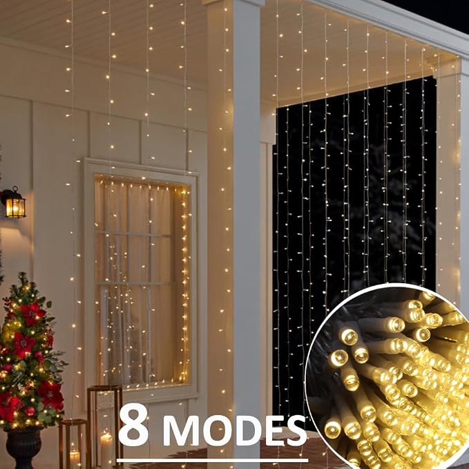 Solhice LED Curtain Lights Outdoor 50ft x10ft, 1000 LED Plug in Hanging String - Image 3