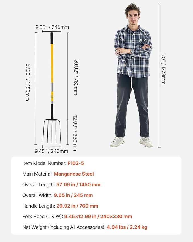 VEVOR Garden Fork, 5-Tine Gardening Pitchfork with Fiberglass Handle, 57 in Heavy Duty Digging Fork with Y Grip, Forged Steel Spading Fork for Hay Potato Composting Transplanting Aeration