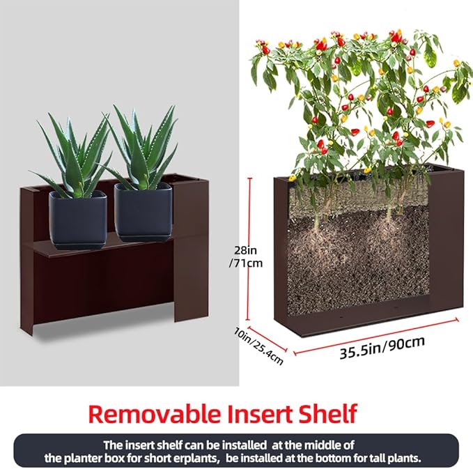 Metal Tall Long Planter Box Large Rectangular Planter Flower Pot with Drainage Holes for Indoor Outdoor Deck Porch Garden Home Patio Front Door (Espresso, M)