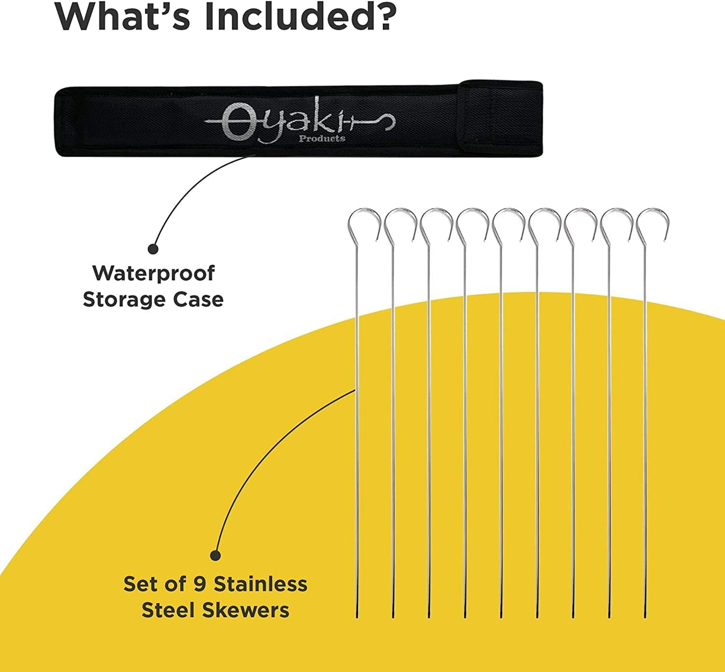 O-Yaki Flat Metal Kabob Skewer for Grilling – Set of 8 BBQ Skewers Stainless Steel with Storage Bag, Dishwasher Safe Skewers with Hook Handle & Sharp Tip for BBQ, Cookouts & Oven Use – 10 Inch