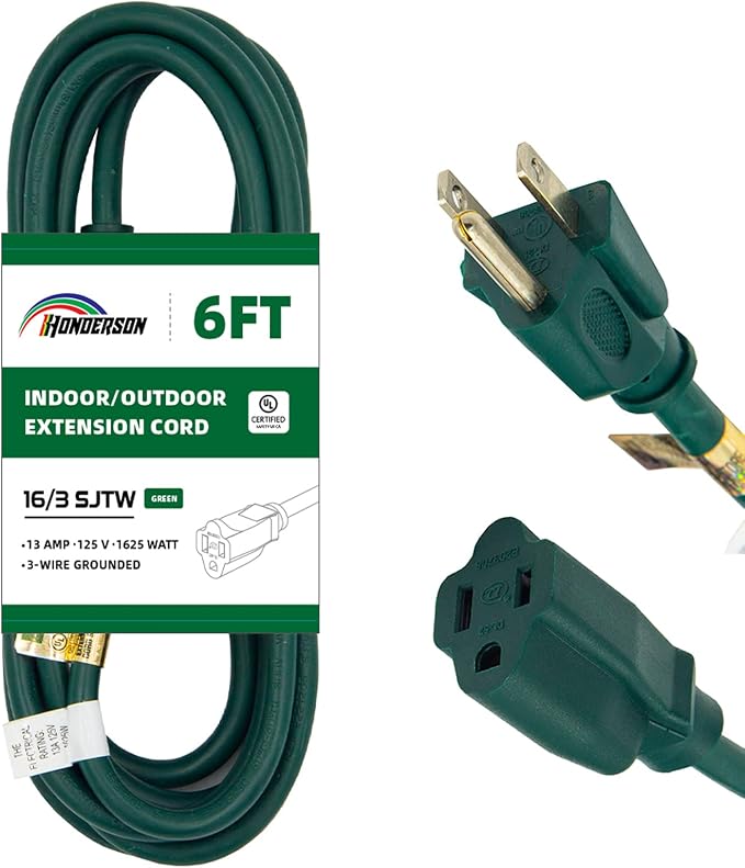 6FT Outdoor Extension Cord-16/3 SJTW Durable Green 3 Prong Grounded Plug Power by HONDERSON