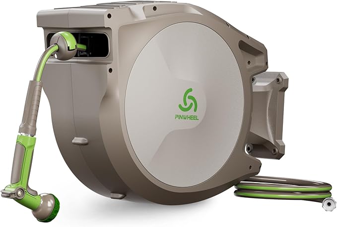 PINWHEEL 5/8in 100FT Retractable Garden Hose Reel, Automatic Retractable Hose with 10-Pattern Spray Nozzle, 180° Swivel Bracket, 3-Layer PVC Durable Water Hose for Yard Lawn Care (100 FT)