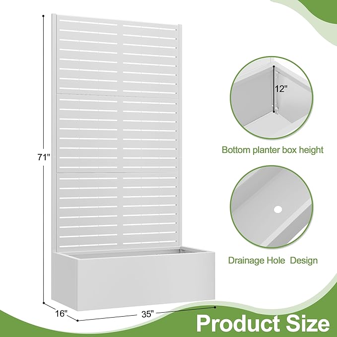 Trellis for Climbing Plants Outdoor，Mental Garden Bed with Drainage Holes Outdoor Privacy Screen Design Tall planters for herb Flower Vegetables 73"x35"x16", White-Louvered