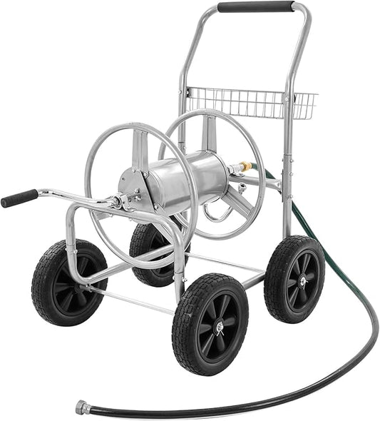 VEVOR Hose Reel Cart, Hold Up to 300 ft of 5/8’’ Hose, Garden Water Hose Carts Mobile Tools with 4 Wheels, Heavy Duty Powder-Coated Steel Outdoor Planting with Storage Basket, for Garden, Yard, Lawn
