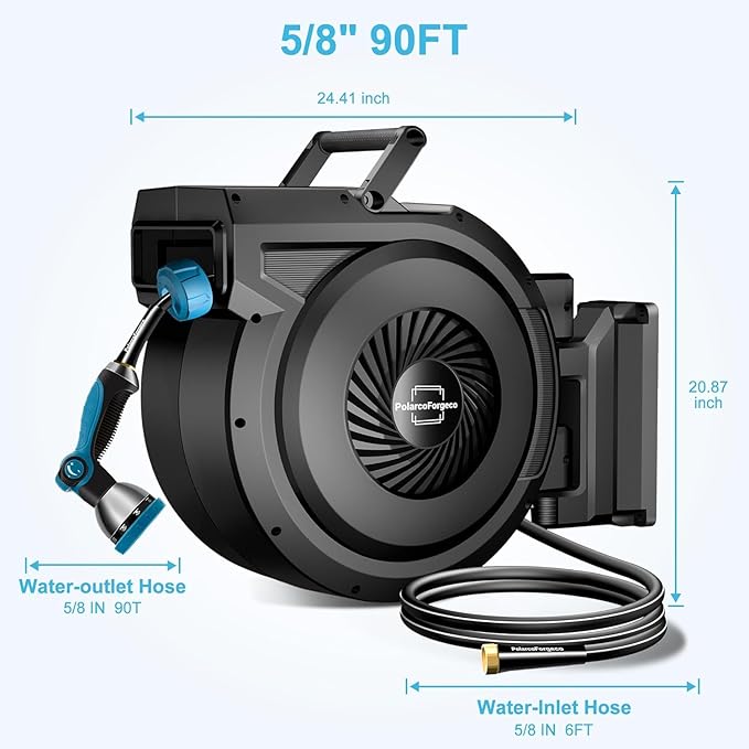 Retractable Garden Hose Reel - 5/8 inch x 70 ft Wall Mounted Hose Reel with 10 Pattern Nozzle & Any Length Lock, Heavy Duty Water Hose Supports Automatic Rewind & 180° Swivel, Black