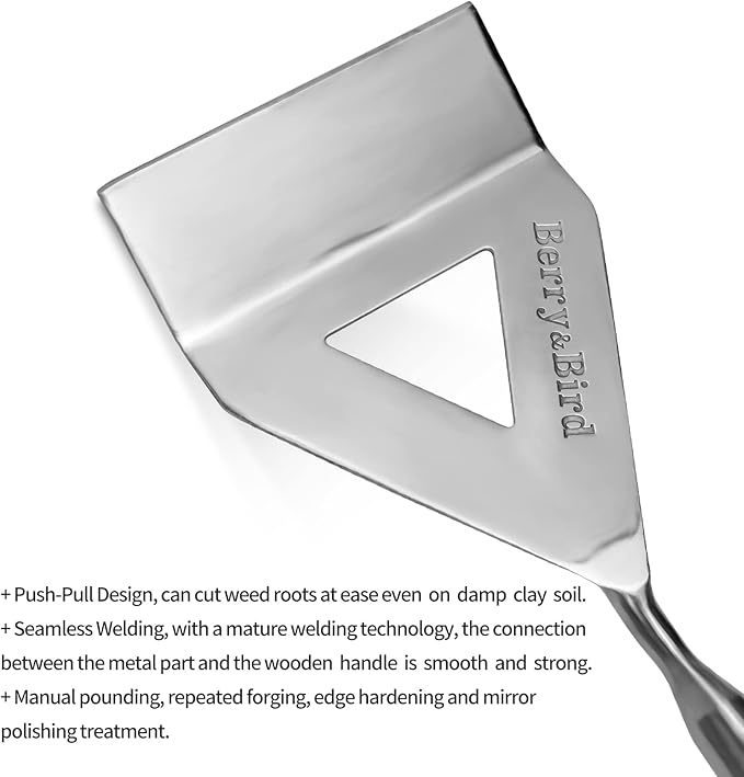 Berry&Bird Dutch Hoe for Weeding，63'' Stainless Steel Garden Weed Hoe with Long Wooden Handle,Heavy Duty Scuffle Hoe Manual Weeder Tool for Gardening Moss Removal Cutting Grass Soil Loosening & Edging