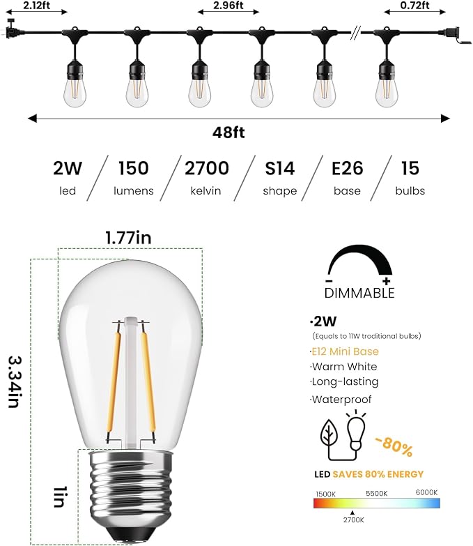 Svater 48 FT Outdoor String Lights 2W, Commercial Grade Patio Light - Image 2