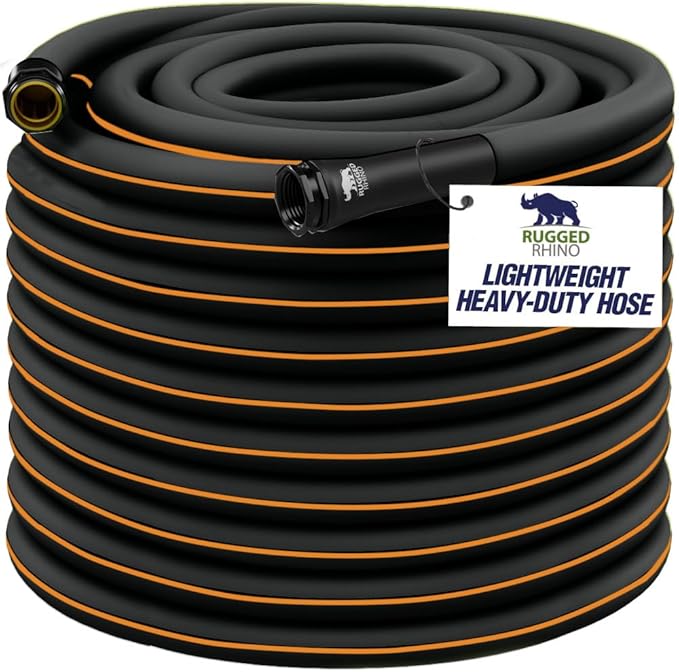 Rugged Rhino Heavy Duty Flexible Light Weight Garden Hose, 50ft x 5/8in, 4 Layer Leakproof Outdoor Gardening Tools, Watering Supplies, Powerful Water Pressure for Lawn, Flowers, Black Orange