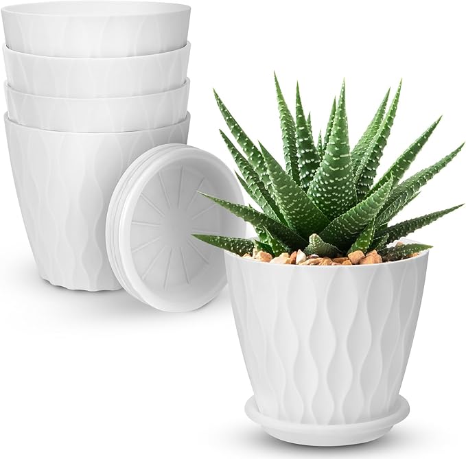 4 inch Plant Pots, 5 Pack Flower Pots Outdoor Indoor, Planters with Drainage Holes and Tray Saucers（White）