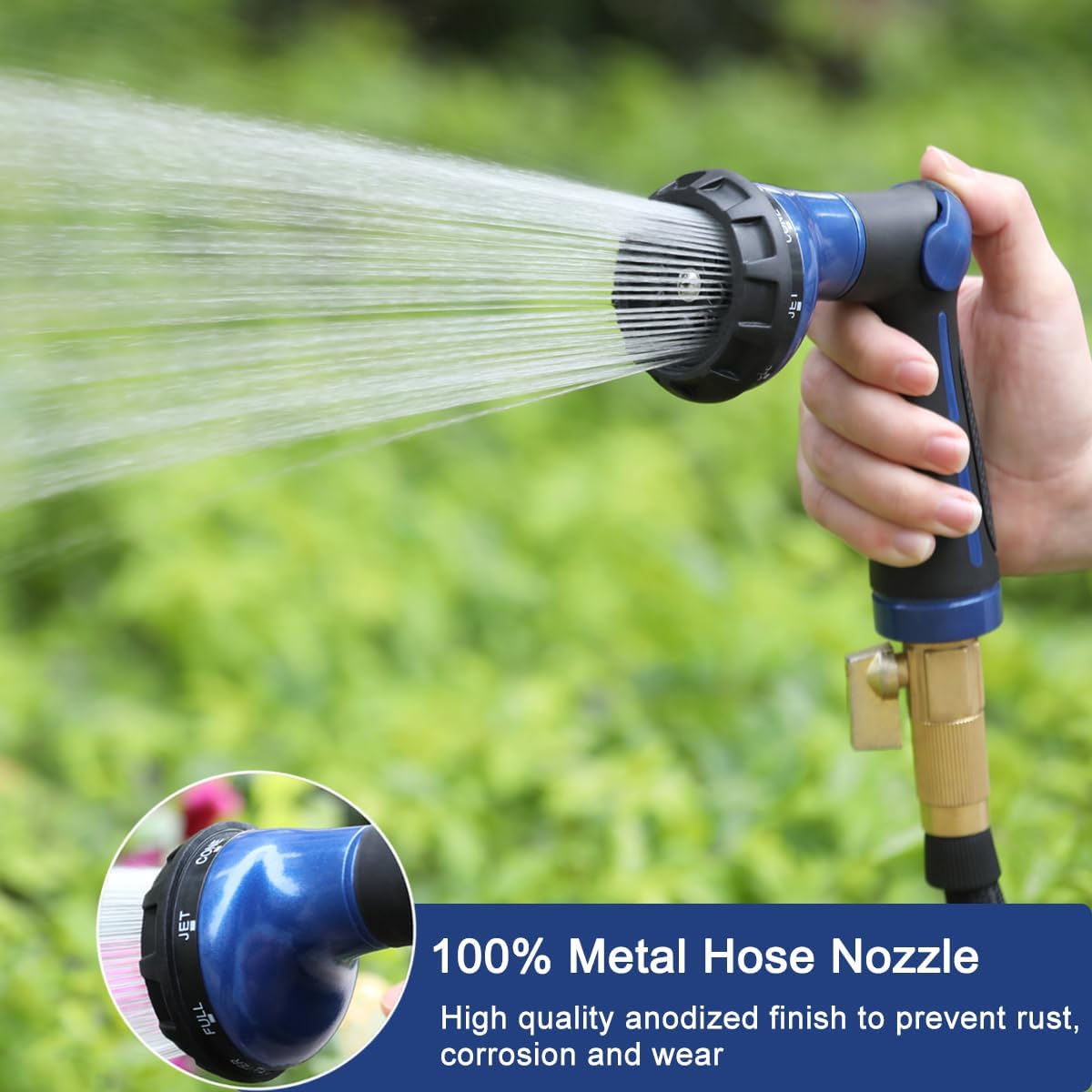 FANHAO Garden Hose Nozzle 100% Heavy Duty Metal Water Hose Sprayer with 8 Spray Patterns, High Pressure Spray Nozzle with Thumb Control, On Off Valve for Watering Plants, Washing Cars & Pets, Blue