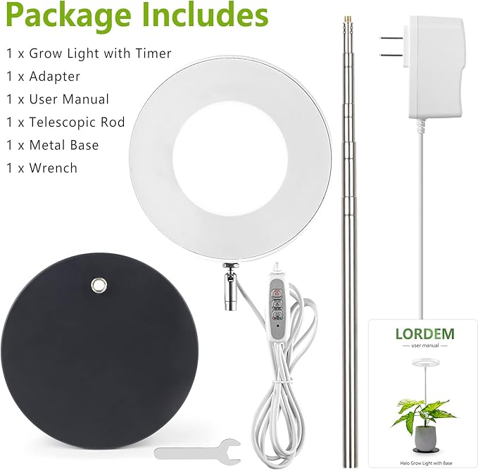 LORDEM Grow Light, LED Plant Light for Indoor Plants Growing, Full Spectrum Desk Growth Lamp with Automatic Timer for 4H/8H/12H, 4 Dimmable Levels, Height Adjustable 9.8"-30.6"