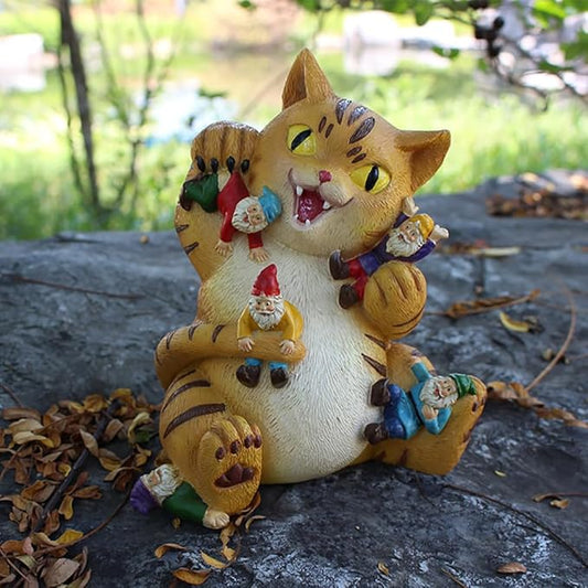 Garden Cat Decor Statue Figure Cat Eating Gnomes Statues for Outdoor Cat Gifts for Mom Patio Lawn Yard Decor (Fat cat)