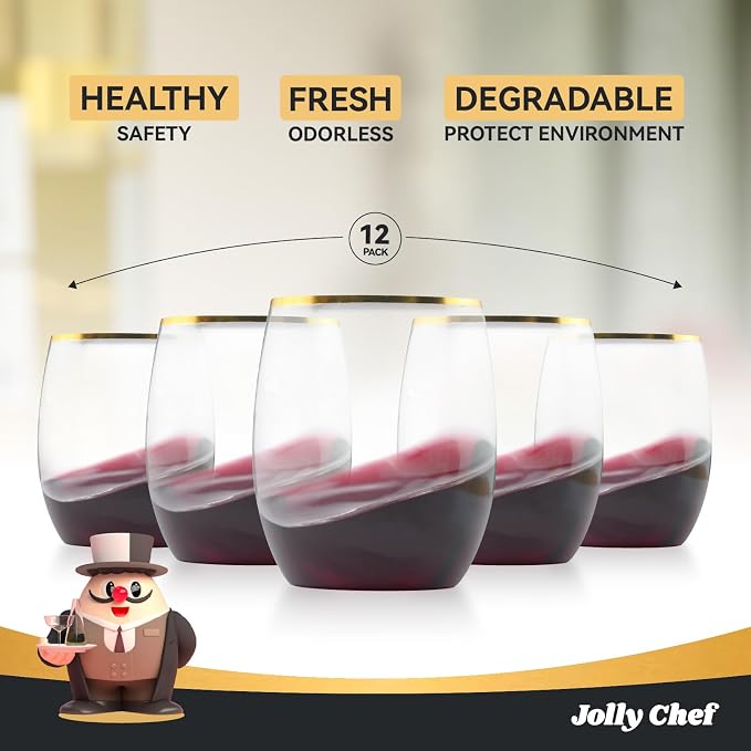 JOLLY CHEF 12 Pack 12oz Gold Plastic Wine Glasses Stemless, Unbreakable - Image 5