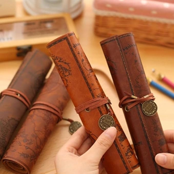Cabilock Roll up Pencil Case Vintage Map Pu Leather Pencil Pouch Organizer - Image 3