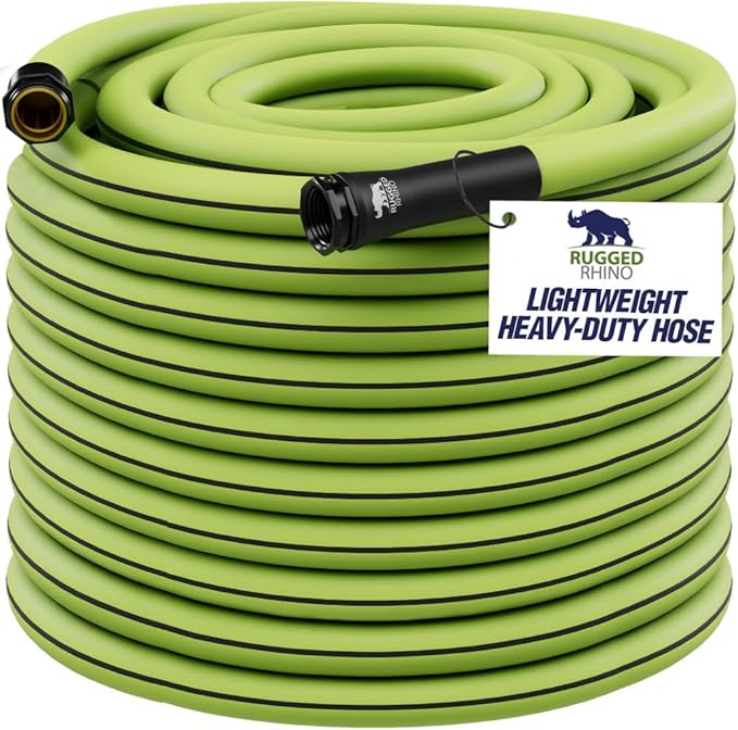 Rugged Rhino Heavy Duty Flexible Light Weight Garden Hose, 75ft x 5/8in, 4 Layer Leakproof Outdoor Gardening Tools, Watering Supplies, Powerful Water Pressure for Lawn, Flowers, Green Black