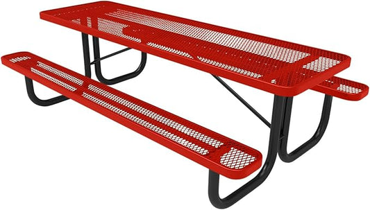 Coated Outdoor Furniture Heavy-Duty Portable Outdoor Picnic Table, Thermoplastic Coated Expanded Metal Commercial-Grade Patio Dining Furniture Made in America (8ft Rectangular, Red)