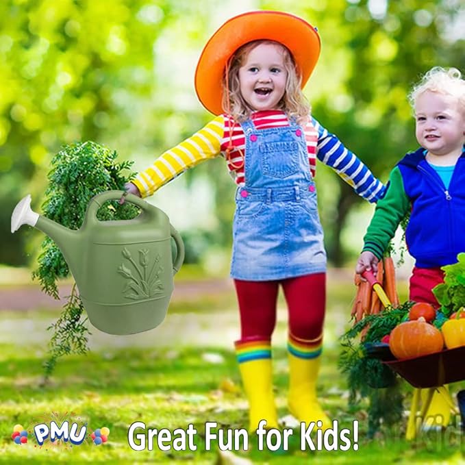 PMU 2 Gallon Watering Can - Garden Watering Can for Indoor & Outdoor Plants - Plastic Water Can with Detachable Sprinkler Head - Large Water Pot, Made in USA - Sage Green Pkg/6