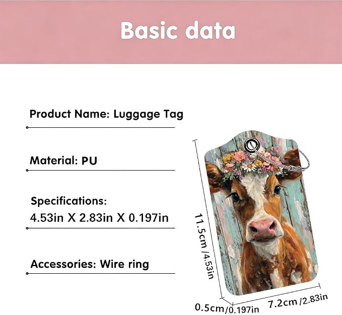 2 Pack Cute Cow Luggage Tags, Floral Cattle & Highland Cow ID Tags - Image 3