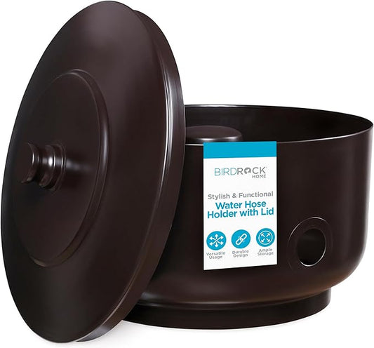 BirdRock Home Decorative Footed Water Hose Holder Pot with Lid | Holds 100ft Hose | Ground Garden Box | Powdered Coated Steel | Metal Hider | Outdoor or Indoor (Oil Rubbed Bronze)