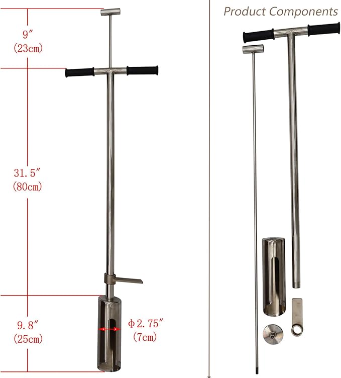 INTBUYING 40’’ Soil Sampler Probe Soil Test Probe with 9.8’’Sample Ejector and Foot Pedal T Rubber Handle Stainless Steel 2.7'' Dia for Soil Sampling Lawn Garden Farm