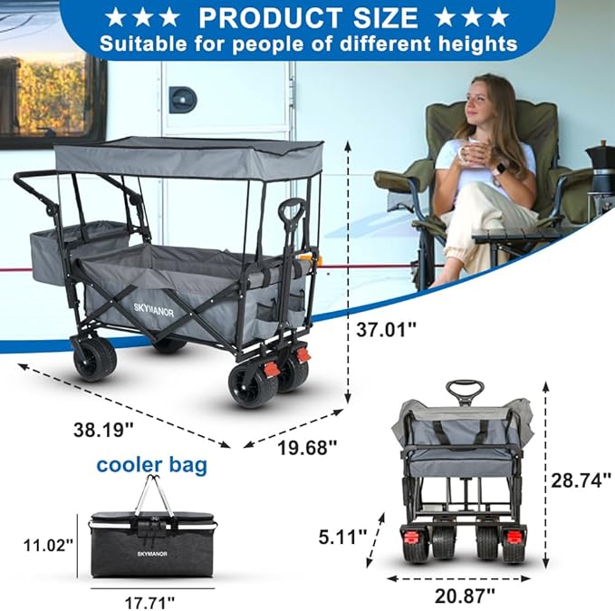 SKYMANOR Collapsible Wagon with Removable Canopy, 3-in-1 Heavy Duty Garden Cart with Big All-Terrain Wheels, Brakes, Adjustable Push Pull Handle, Cooler Bag, 300LBS Wagon Cart for Camping (Grey)